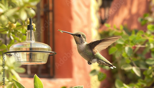 A hummingbird hovering near a feeder in the garden of a soft terracotta house, with a shallow depth of field.