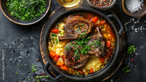 Gourmet shot from above, Osso Buco featuring braised veal shanks with aromatic vegetables, white wine, rich broth, alongside gremolata and golden Risotto Milanese, studio lighting