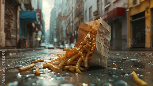 A paper bag overstuffed with hot fries, its corners damp with grease, left behind on a bustling city street
