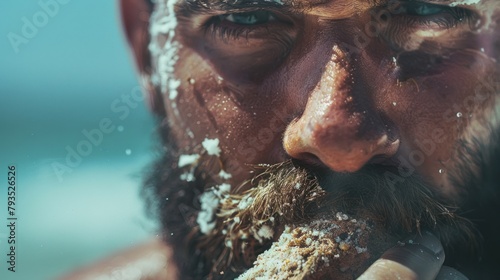 Close up of a cheating looking man eating a rock, sand in his mouth. 