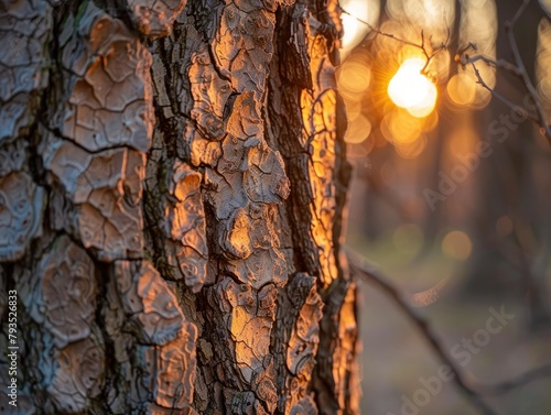 Bark Texture - Strength - Morning Light - Close-up of rugged tree bark illuminated by soft sunlight in a forest