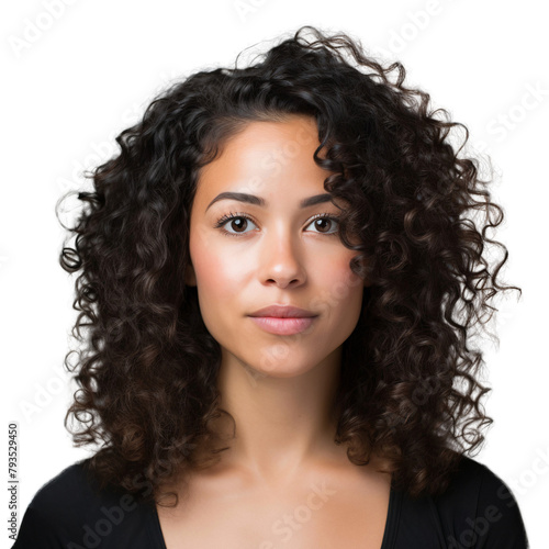 Close up portrait of a smiling woman with curly black hair, isolated on transparent background