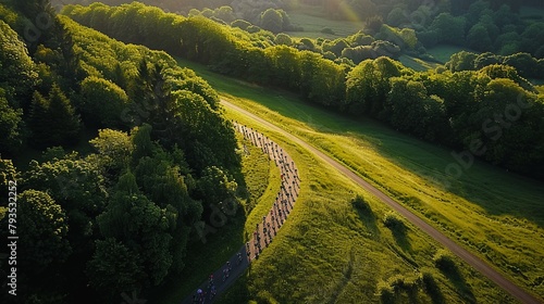 Birds-eye view of a bicycle race in a green valley