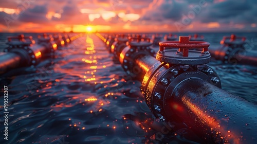 Banner showcasing a row of industrial pipelines and valves with red wheels against the sunrise sky, in a close-up view. 3D illustration.