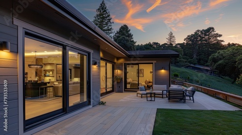 Evening sets on the patio area with sliding doors.