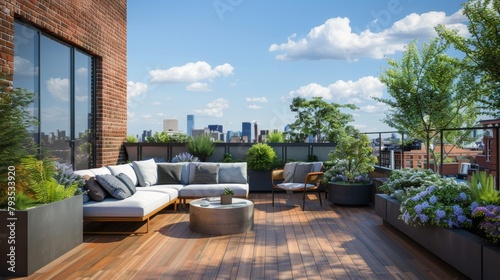 Garden furniture adorns the outdoor terrace atop the roof.
