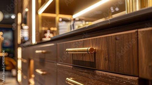 A market display of brown kitchen cabinet doors, where golden metal handles meet modern luxury