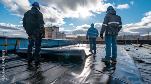 Workers professionally insulate the rooftop with a bitumen membrane, detailing waterproofing at the construction site.