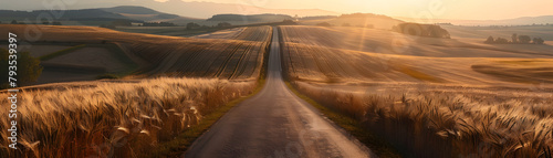 A road runs through a field of tall grass. The sun is shining brightly, casting a warm glow over the landscape. The road is empty, with no cars or people in sight. The scene is peaceful and serene