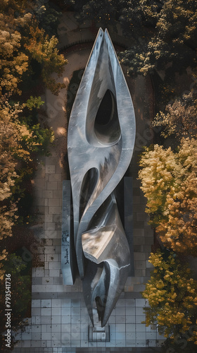 A large, curved sculpture made of metal is shown in an aerial view. The sculpture is surrounded by trees and he is a part of a park or public space. Concept of grandeur and artistic expression