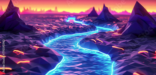 A river of neon light flowing through a low poly landscape, representing the continuous stream of information