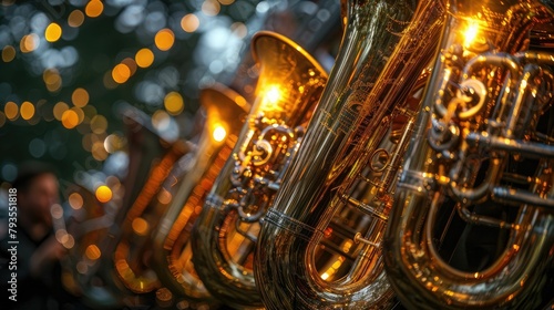 A tubas reflection catches the light, shadows playing over brass