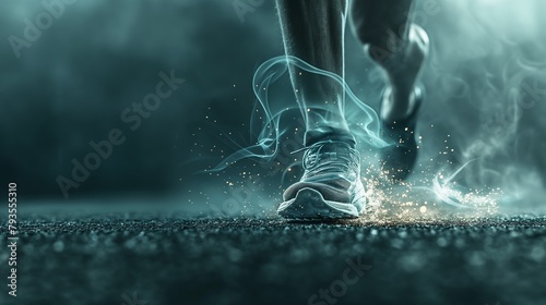 Photo of lower legs of a runner in motion, with a subtle glow highlighting the muscles and movement, while the focus remains on the sleek running shoes propelling them forward