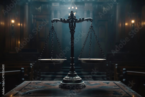 Classic Scales of Justice Centered in Courtroom