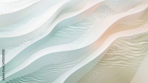 A minimalist abstract wave pattern, rendered in a palette of soft pastels, suggesting the gentle lapping of water on a sandy beach.
