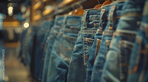 Many jeans hanging on a rack. Row of pants denim jeans hanging in closet. concept of buy , sell , shopping and jeans fashion