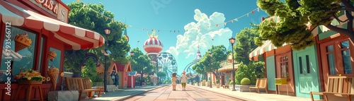 A 3D cartoon of a family taking a break on benches with ice cream cones at the theme park