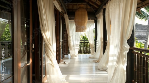 Breezy balcony with flowing curtains in a tropical resort, perfect for travel and relaxation themes.