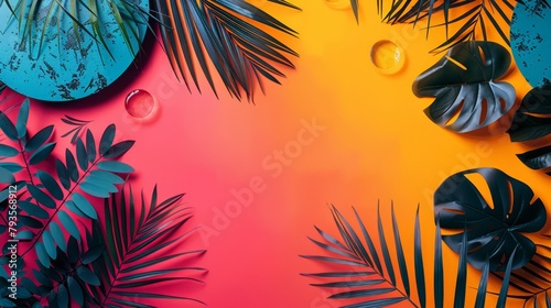 Contemporary summer sales ad, minimalistic tropical outline, vibrant block colors background, modernist copy space