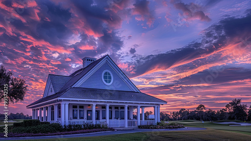 New clubhouse captured under the colors of a dramatic sunset sky, featuring a white porch and gable roof with a semi-circle window.