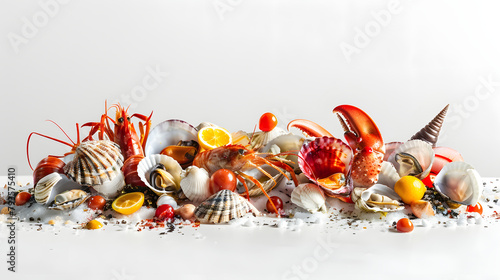 Delicious fresh seafood on white background, fine dining concept, shrimp, shell fish, scallops, herbs and lemon garnishes