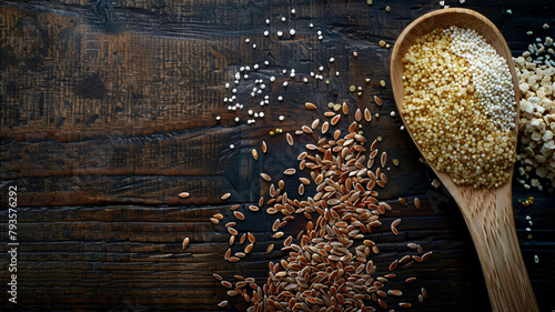 An expansive shot of a wooden spoon next to a collection of grains and seeds, including flaxseed, barley, and couscous, on a dark wooden table. 