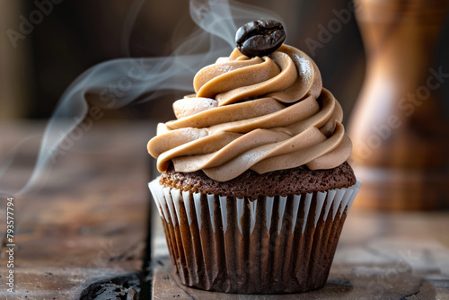A mocha cupcake with rich coffee frosting and a single espresso bean on top, captured with steam rising softly in the background.