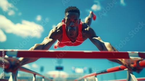 A track and field athlete clearing the hurdles with agility, determination etched on their face, captured in a sequence of frames that showcase the speed and skill of Olympic hurdling