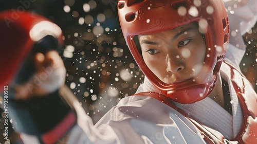 A taekwondo athlete delivering a lightning-fast kick, focus and determination evident in their eyes, captured in a close-up shot that highlights the speed and agility of Olympic taekwondo