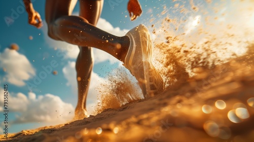 A long jumper mid-leap, legs extended in a graceful arc, sand particles frozen in mid-air, capturing the precision and athleticism of Olympic long jumping