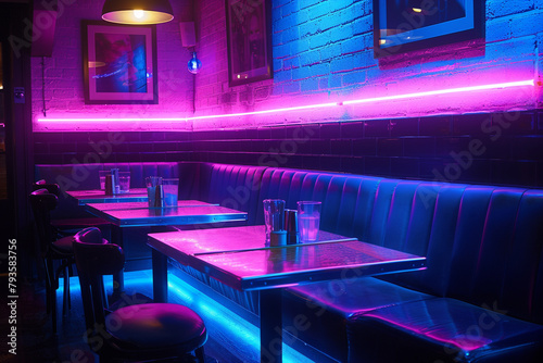 A dimly lit corner booth with neon light strips under the seats.