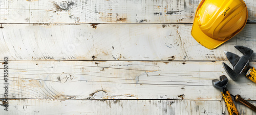 Rustic charm of a weathered white painted wooden surface with Labor Day is a federal holiday Safety Equipment' and Hand Tools for Home DIY Wooden Work on Table Wood Background Carpentry Utility.