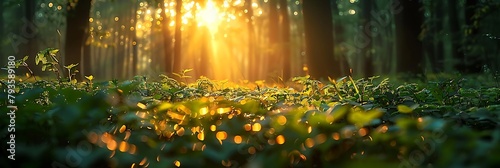 sunlit forest with emphasis on the bright green underbrush basking in the filtered sunlight