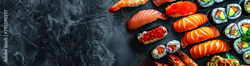 An exquisite arrangement of vibrant seafood delicacies including succulent salmon, juicy shrimp, tender mussels, and delectable sushi rolls, beautifully presented on a sleek dark slate background