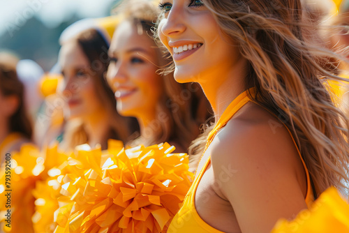 Cheerleaders with pompoms, ready on the field