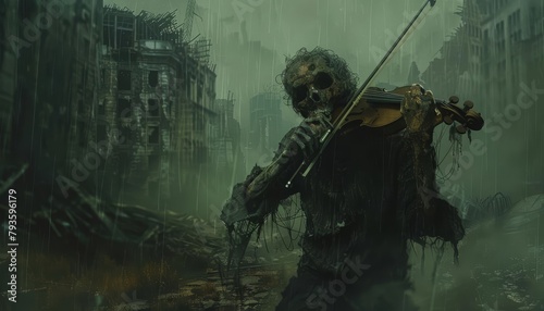 A lone zombie, drawn by the melancholic strains of a violin, wandered for miles through a deserted city, its decaying hand reaching out for the unseen music