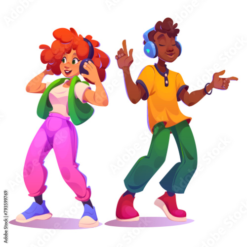 Persons listen to music in headphones and dance. Male and female young cartoon characters with earphones on head. Vector illustration set of man and woman relax and enjoy song moving to disco sound.