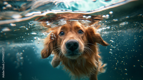 dog under water, golden retriever dog swims in the pool in the heat