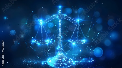 Futuristic justice, law judgement concept with glowing low polygonal balance scales isolated on dark blue background. Modern wire frame mesh design illustration.