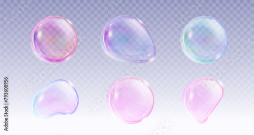 Transparent soap ball with pink, blue and purple iridescent gradient color. Realistic 3d vector illustration set of rainbow shampoo and wash foam sphere. Flying soapy glossy water irregular sphere.