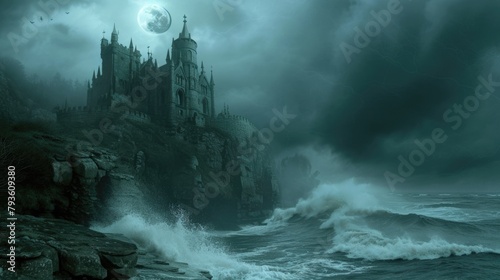 A medieval castle on a misty cliff, overlooking a turbulent sea, under a full moon. Resplendent.