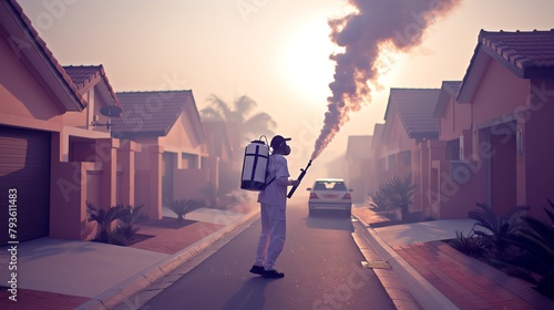 Health worker conducting mosquito control through fumigation in a residential neighborhood, with visible fog covering the area