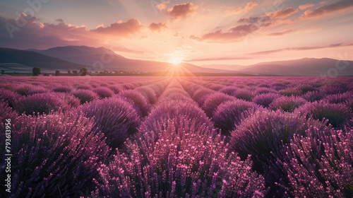 Vast lavender fields bloom in the pastel rays of the rising sun, the gentle warmth of a summer morning