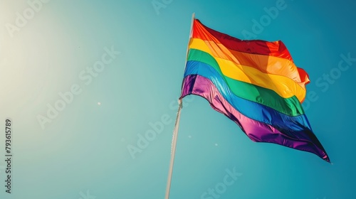 A rainbow flag waving in the wind against a clear blue sky. 
