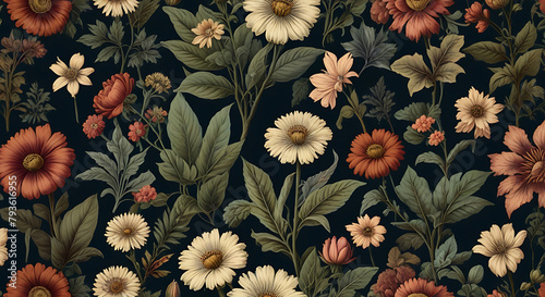 A Seamless pattern background of a collection of vintage botanical illustrations with flowers and leaves in muted colors, wallpaper style, flowers