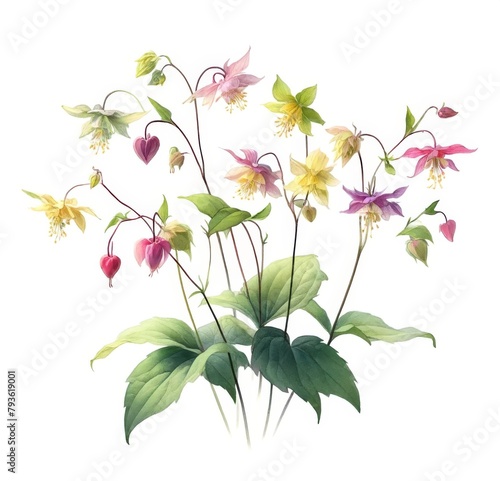 Watercolor depiction of diverse Epimedium flowers, highlighting their dainty form and colorful palette.
