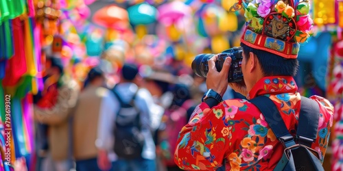 A photographer capturing the tradition of a cultural festival with colorful costumes and decorations. 