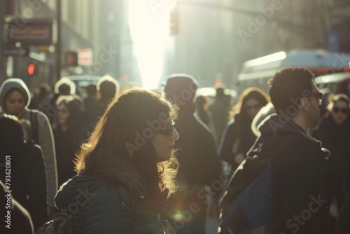 Young woman walking in the city at sunset, rear view, backlight