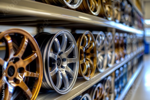 A row of car rims with one of them in mocha color is placed on a shelf and neatly arranged in a row