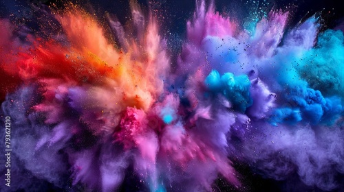 Vibrant holi paint explosion a symphony of multicolored clouds against a velvety black sky